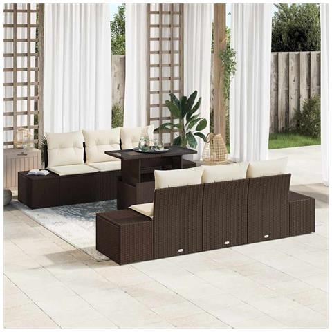 Set di divani da giardino 7 pezzi con cuscini marroni in polyrattan - Foto 2