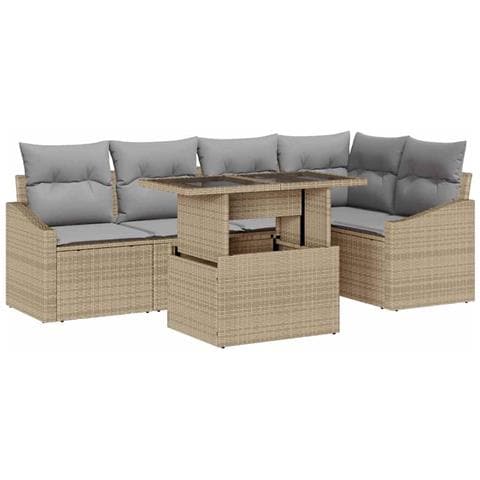 Set Divano da Giardino 6 Pezzi con Cuscini Beige Rattan Poliestere - Foto 1