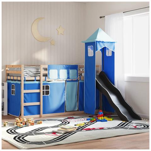 Letto a Castello con Scivolo e Tende Blu 90x200 cm - Foto 2