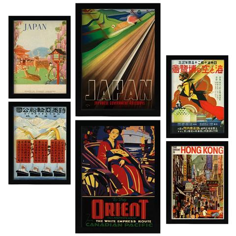 Set Di 6 Stampe Asia Illustrazioni A Colori Di Cartelloni Pubblicitari Turistici D'epoca Provenienti Da Tutto Il Mondo Design D'interni A3 & A4 Cornice Nera - Foto 1