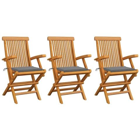 Sedie da Giardino con Cuscini Grigi 3 pz Massello di Teak - Foto 1