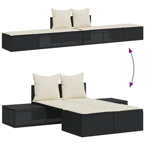 Lettino Prendisole Doppio Con Cuscini Nero In Polyrattan - Foto 3