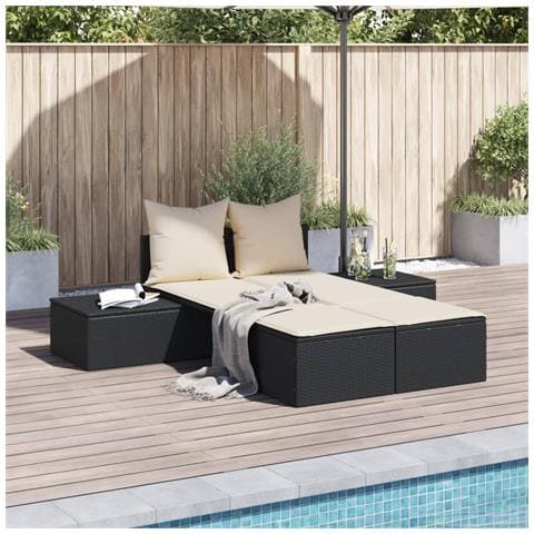 Lettino Prendisole Doppio Con Cuscini Nero In Polyrattan - Foto 1