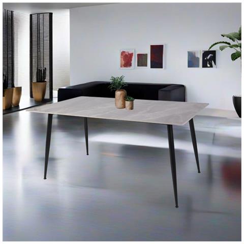 Tavolo Mila 160x90 Top In Ceramica Effetto Marmo Grigio Lucido Con Gambe In Metallo Nero - Foto 1