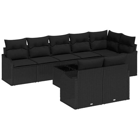 Set da giardino a 9 pezzi con cuscini in polyrattan beige,  Divano da giardino a 2 posti con cuscini in polyrattan nero - Foto 1