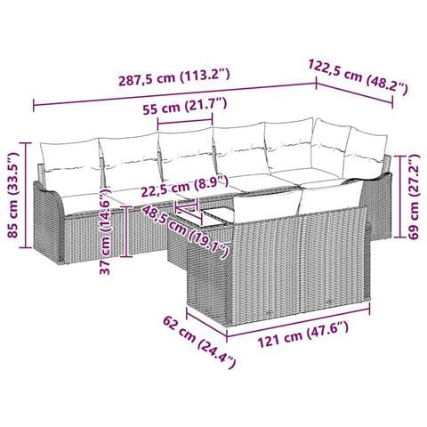 Set da giardino a 9 pezzi con cuscini in polyrattan beige,  Divano da giardino a 2 posti con cuscini in polyrattan nero - Foto 9