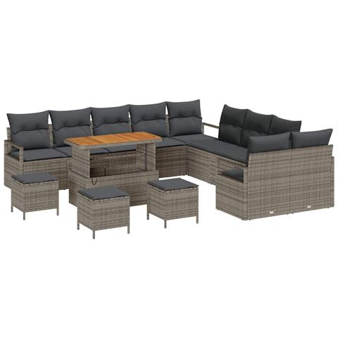 Set Divano da Giardino  14 Pezzi con Cuscini Grigio Polyrattan Acacia, Divano da Giardino  2 Posti con Spazio di Stoccaggio e Cuscini Grigio Polyrattan, Set da Pranzo Giardino  4 Pezzi con Cuscini Grigio Polyrattan Acacia - Foto 1