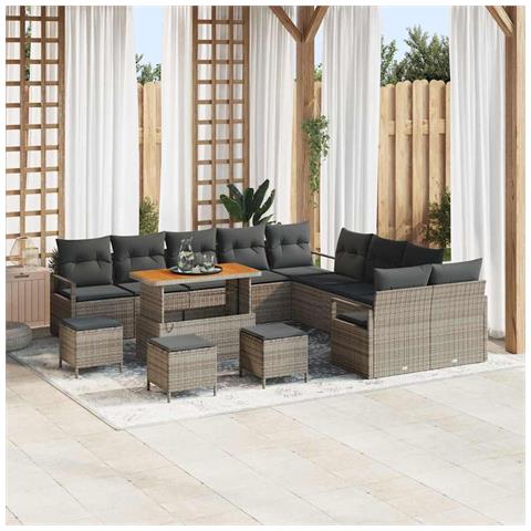 Set Divano da Giardino  14 Pezzi con Cuscini Grigio Polyrattan Acacia, Divano da Giardino  2 Posti con Spazio di Stoccaggio e Cuscini Grigio Polyrattan, Set da Pranzo Giardino  4 Pezzi con Cuscini Grigio Polyrattan Acacia - Foto 2
