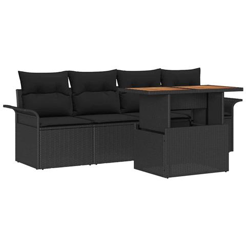 Set Divano da Giardino in 5 Pezzi con Cuscini Nero Polyrattan Acacia - Foto 1