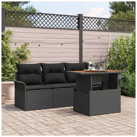 Set Divano da Giardino in 5 Pezzi con Cuscini Nero Polyrattan Acacia - Foto 2