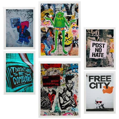 Set Di 6 Stampe Pittura Decorativa, Graffiti, Street Art, Stencil Da Parete A Colori, Con Cornice E Illustrazioni A3 & A4 Cornice Bianca - Foto 1