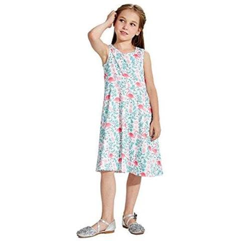 Ragazze Dei Capretti Stampato Fenicotteri Vestito Floreale Carino Maniche Prendisole Bianco 4-5 Anni (s)  - Foto 2