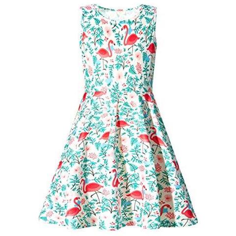 Ragazze Dei Capretti Stampato Fenicotteri Vestito Floreale Carino Maniche Prendisole Bianco 4-5 Anni (s)  - Foto 1