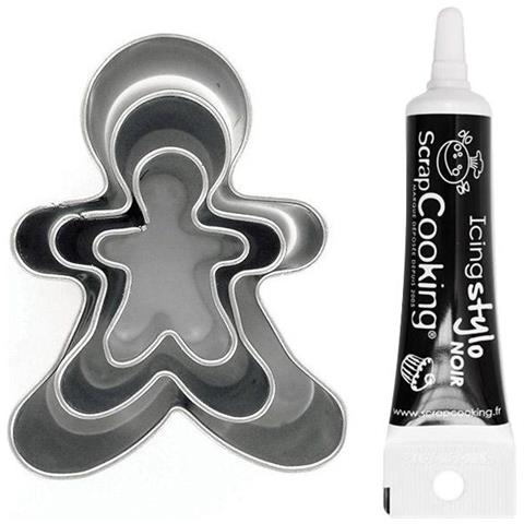 3 Mini Tagliabiscotti In Acciaio Inox Omino Di Marzapane + Penna Per Glassa Nera - Foto 1