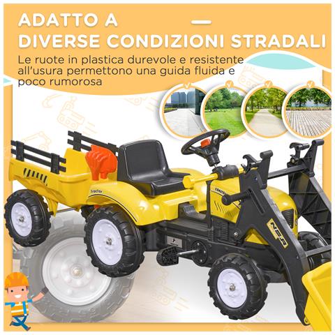 Escavatore a Pedali per Bambini da 3 Anni con Ruspa Frontale, Rimorchio e 6 Ruote, Giallo - Foto 2