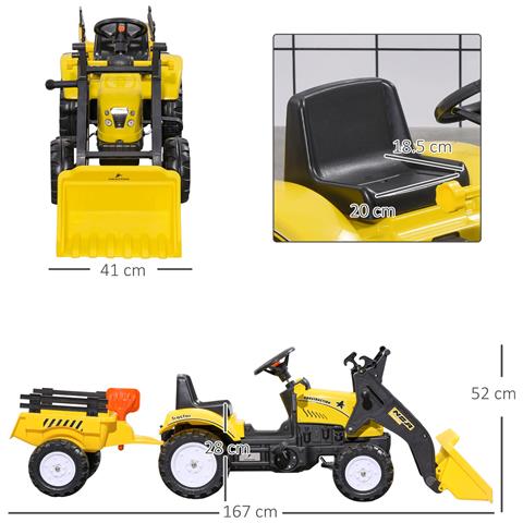 Escavatore a Pedali per Bambini da 3 Anni con Ruspa Frontale, Rimorchio e 6 Ruote, Giallo - Foto 6