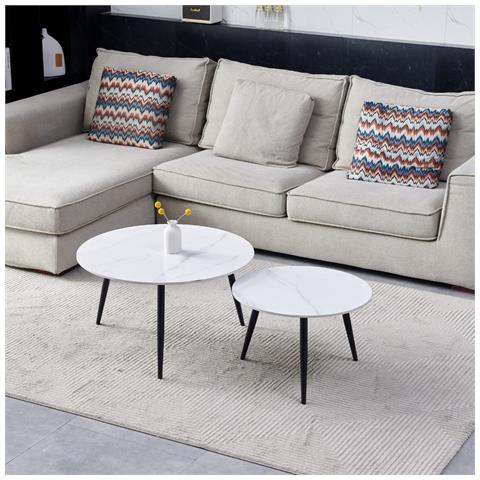 Set 2 Tavolini Da Salotto Bicolor Con Piano In Ceramica Effetto Marmo Bianco Lucido E Gambe Nere - Foto 1