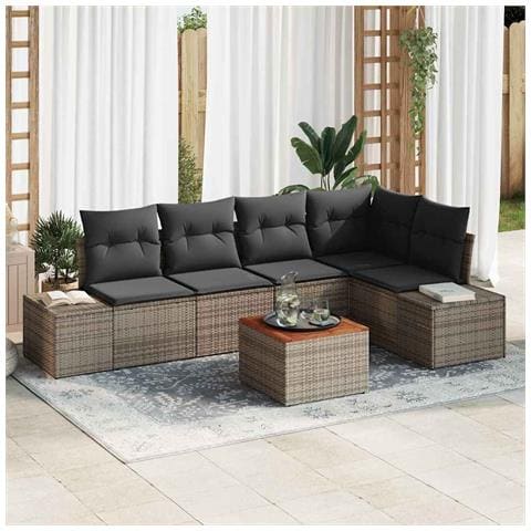 Set di Divani da Giardino da 6 Pezzi con Cuscini Grigio Polirattan Acacia - Foto 2