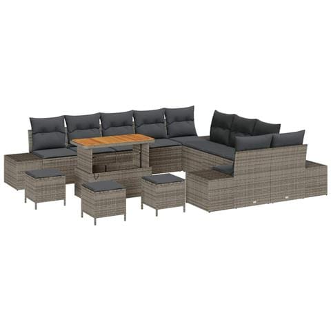 Set Divano da Giardino 14 Pezzi con Cuscini Grigio Polyrattan Acacia, Divano da Giardino a 2 Posti con Spazio di Stoccaggio e Cuscini Grigio Polyrattan, Set da Pranzo da Giardino a 4 Pezzi con Cuscini Grigio Polyrattan Acacia - Foto 1