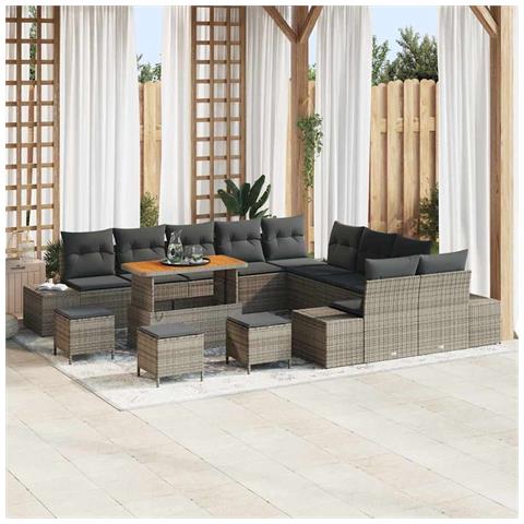 Set Divano da Giardino 14 Pezzi con Cuscini Grigio Polyrattan Acacia, Divano da Giardino a 2 Posti con Spazio di Stoccaggio e Cuscini Grigio Polyrattan, Set da Pranzo da Giardino a 4 Pezzi con Cuscini Grigio Polyrattan Acacia - Foto 2