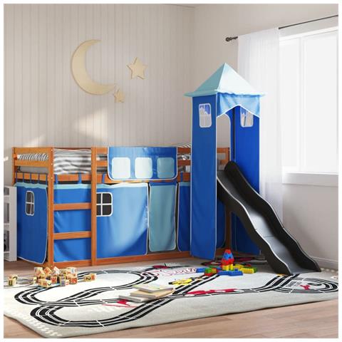 Letto a Castello con Scivolo e Tende Blu 90x200 cm - Foto 2