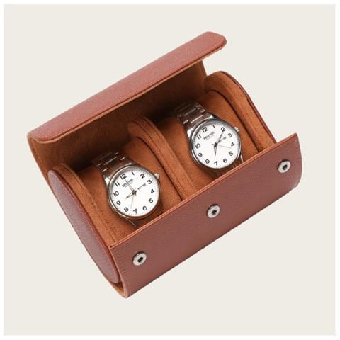Custodia Portatile Da Viaggio Per 2 Orologi In Pelle Pu Grana Litchi Brown - Foto 2