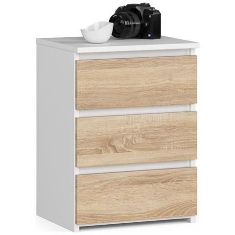 Comodino CL3, 3 cassetti, 40x35x57 cm, Colore Bianco e Sonoma Quercia - Foto 1