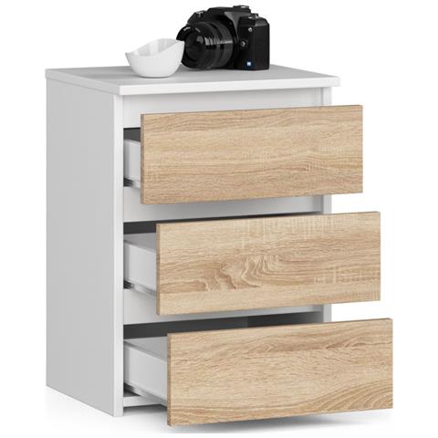 Comodino CL3, 3 cassetti, 40x35x57 cm, Colore Bianco e Sonoma Quercia - Foto 2