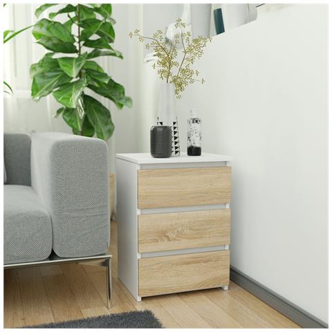 Comodino CL3, 3 cassetti, 40x35x57 cm, Colore Bianco e Sonoma Quercia - Foto 5