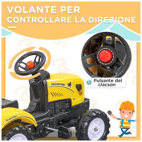 Trattore a Pedali per Bambini da 3+ Anni con Rimorchio, Rastrello, Pala e Clacson, Giallo - Foto 6