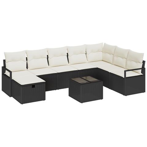 Set da Giardino a 9 Pezzi con Cuscini in Rattan Poliestere Nero, Divano da Giardino per 2 Persone con Cuscini in Rattan Poliestere Nero - Foto 1
