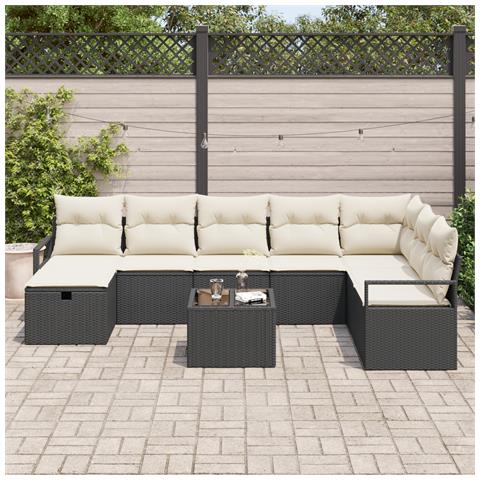 Set da Giardino a 9 Pezzi con Cuscini in Rattan Poliestere Nero, Divano da Giardino per 2 Persone con Cuscini in Rattan Poliestere Nero - Foto 2