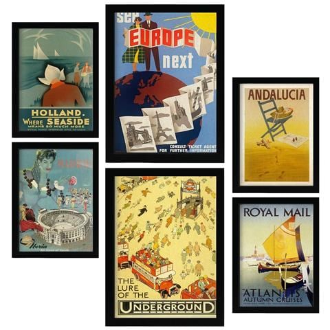 Set Di 6 Stampe Europa Illustrazioni A Colori Di Cartelloni Pubblicitari Turistici D'epoca Provenienti Da Tutto Il Mondo Design D'interni A3 & A4 Senza Cornice - Foto 1