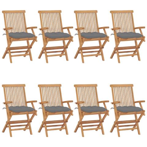 Sedie da Giardino con Cuscini Grigi 8 pz in Massello di Teak - Foto 1