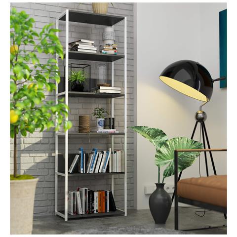 Scaffale stile loft con ripiani in legno, 6 ripiani, 60x32x192 cm, Colore Bianco e Grigio - Foto 5