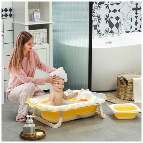 Vaschetta Bagnetto Pieghevole per Neonati con Cuscinetto e Lavabo, in Plastica Antiscivolo, 80.5x55x20 cm, Giallo - Foto 2