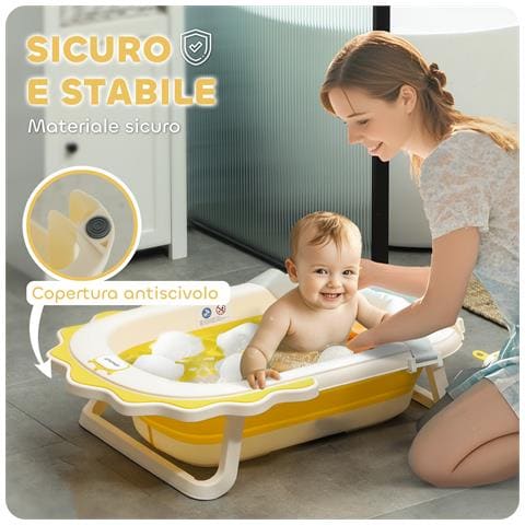 Vaschetta Bagnetto Pieghevole per Neonati con Cuscinetto e Lavabo, in Plastica Antiscivolo, 80.5x55x20 cm, Giallo - Foto 6