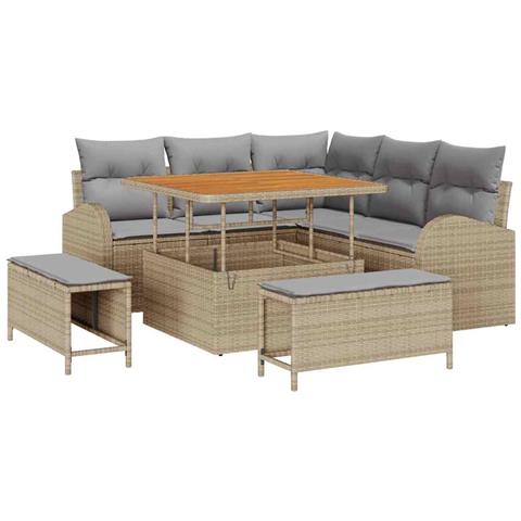 Set di Sofà da Giardino  8 Pezzi con Cuscini Beige Polyrattan Acacia, Sofà da Giardino a 2 Posti  con Cuscini Beige Polyrattan, Set da Pranzo da Giardino 3 Pezzi con Cuscini Beige Polyrattan Acacia - Foto 1