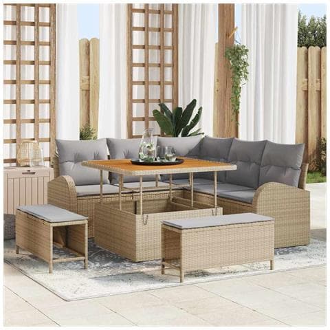 Set di Sofà da Giardino  8 Pezzi con Cuscini Beige Polyrattan Acacia, Sofà da Giardino a 2 Posti  con Cuscini Beige Polyrattan, Set da Pranzo da Giardino 3 Pezzi con Cuscini Beige Polyrattan Acacia - Foto 2