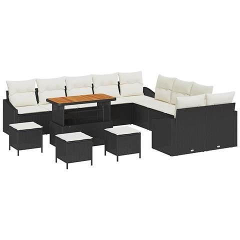 Set Divano da Giardino  14 Pezzi con Cuscini Nero Polyrattan Acacia, Divano da Giardino  2 Posti con Cuscini Nero Polyrattan, Set da Pranzo da Giardino  4 Pezzi con Cuscini Nero Polyrattan Acacia - Foto 1