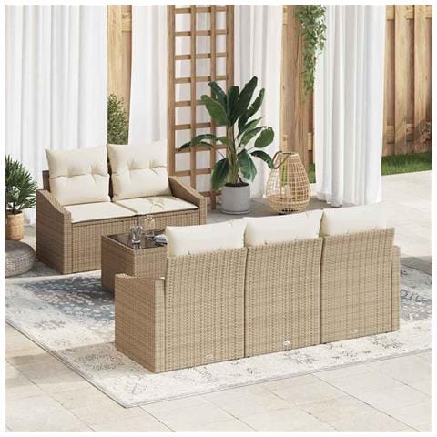 Set Divano da Giardino 6 Pezzi con Cuscini Beige Rattan Poliestere - Foto 2