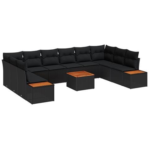 Set Divano da Giardino da 11 Pezzi con Cuscini Nero Polyrattan Acacia - Foto 1