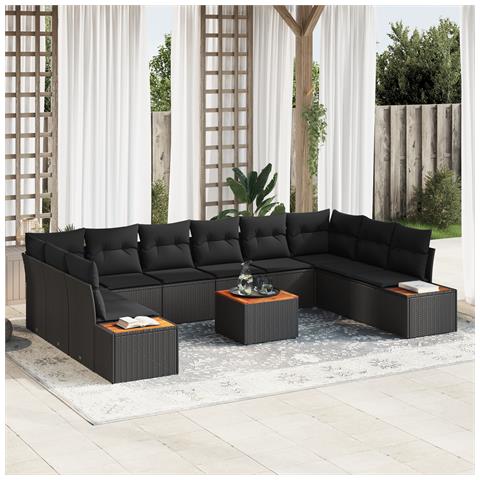Set Divano da Giardino da 11 Pezzi con Cuscini Nero Polyrattan Acacia - Foto 2