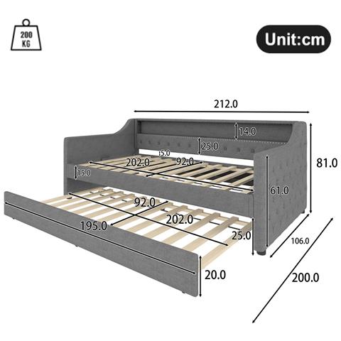 Letto Da Giorno Con Letto Estraibile 90x200cm, Divano Letto Con Rete A Doghe E Presa Di Ricarica Usb, Luce Ambiente Con Telecomando, Lino, Grigio, Senza Materasso - Foto 2