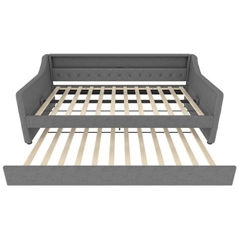 Letto Da Giorno Con Letto Estraibile 90x200cm, Divano Letto Con Rete A Doghe E Presa Di Ricarica Usb, Luce Ambiente Con Telecomando, Lino, Grigio, Senza Materasso - Foto 4