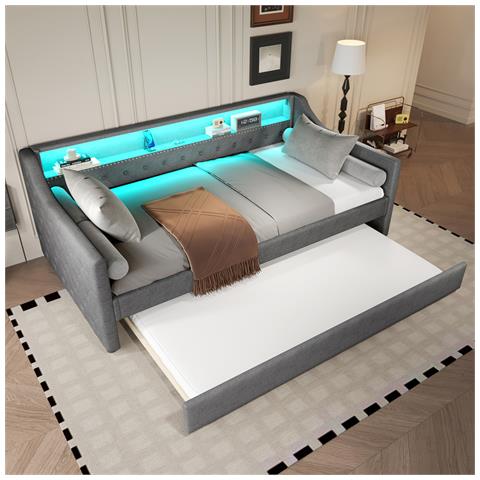 Letto Da Giorno Con Letto Estraibile 90x200cm, Divano Letto Con Rete A Doghe E Presa Di Ricarica Usb, Luce Ambiente Con Telecomando, Lino, Grigio, Senza Materasso - Foto 1