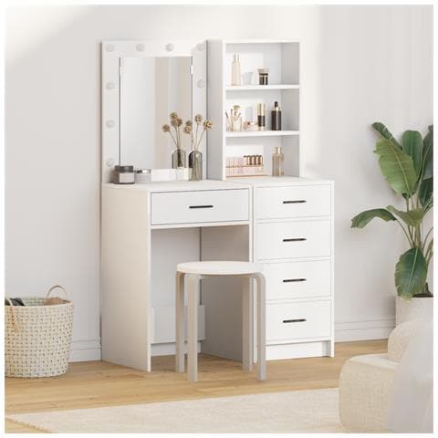 Set di due pezzi per il tavolo da trucco con LED in legno ingegnerizzato bianco - Foto 2