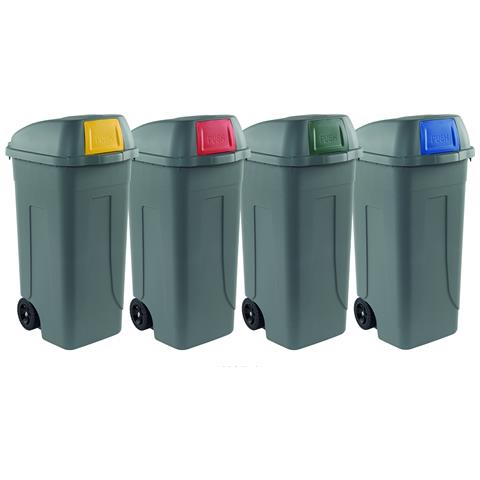 Bidone Raccolta Differenziata 100 Litri Con Ruote - Fondo Grigio E Coperchio A Campana Con Sportello Basculante Rosso - Foto 2