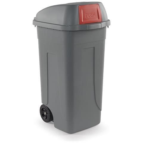 Bidone Raccolta Differenziata 100 Litri Con Ruote - Fondo Grigio E Coperchio A Campana Con Sportello Basculante Rosso - Foto 1