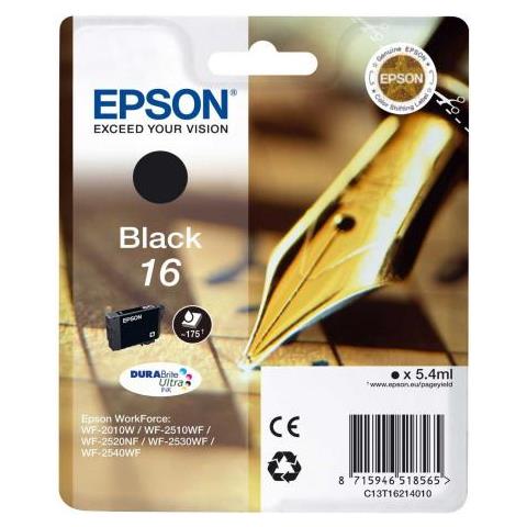 Originale Epson T1621 Nera Per Epson Wf2010w 2510wf 2520nf 2530wf C13t16214010 16 Capacita' 5,4ml - Foto 1